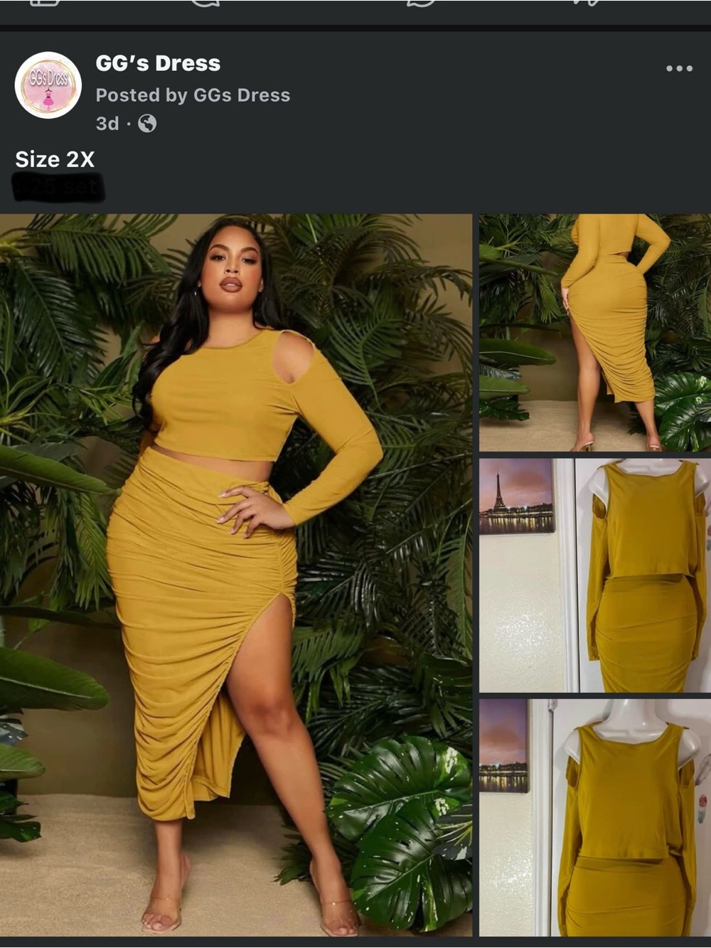 Mustard Cold-Shoulder Ruched Midi Skirt Set - Plus Size